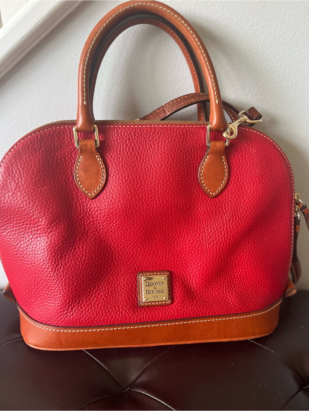 Dooney & Bourke Red Pebbled Leather Satchel with Tan Trim - LIKE NEW